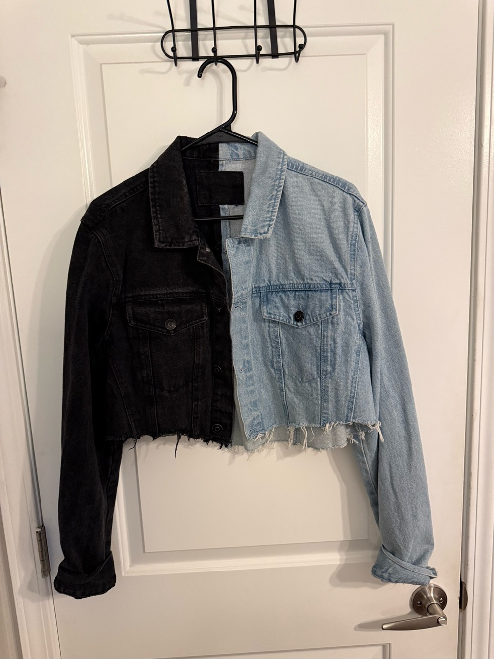 Source Unknown Two-Tone Cropped Denim Jacket - Black & Light Blue